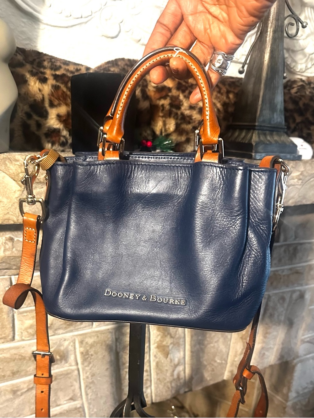 Dooney & Bourke Navy blue Leather Satchel with Tan Handles crossbody